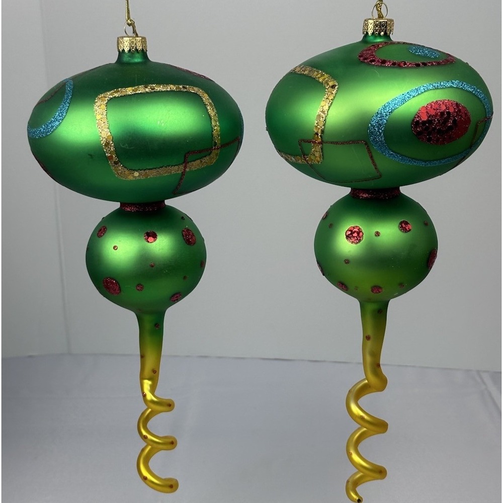 Atomic Sputnik Spiral Drop Finial Glass Christmas Ornaments HandPainted MCM 13 "